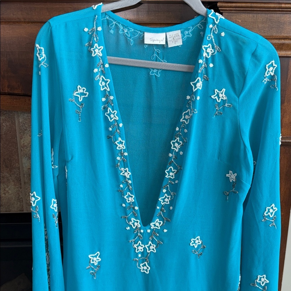 Turquoise semi sheer beaded embellished asymmetrical swim cover/ tunic Y2K M - Picture 3 of 13